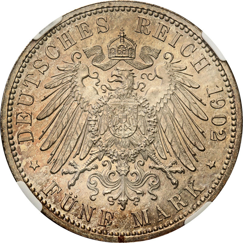 Niemcy, Badenia. 5 marek 1902, Karlsruhe NGC MS63 - Piękne